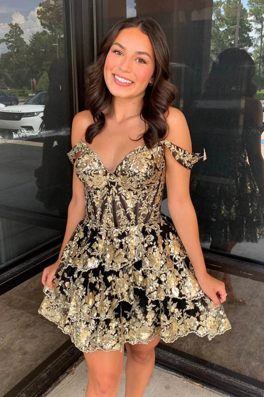 Gold Black Lace Homecoming Dresses Off The Shoulder Mini Prom Dresses