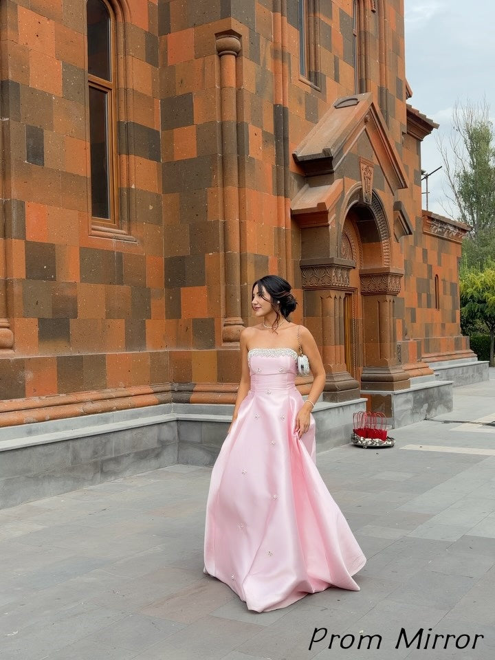 Gorgeous Pink A-Line Strapless Beaded Long Prom Dress, Evening Dresses