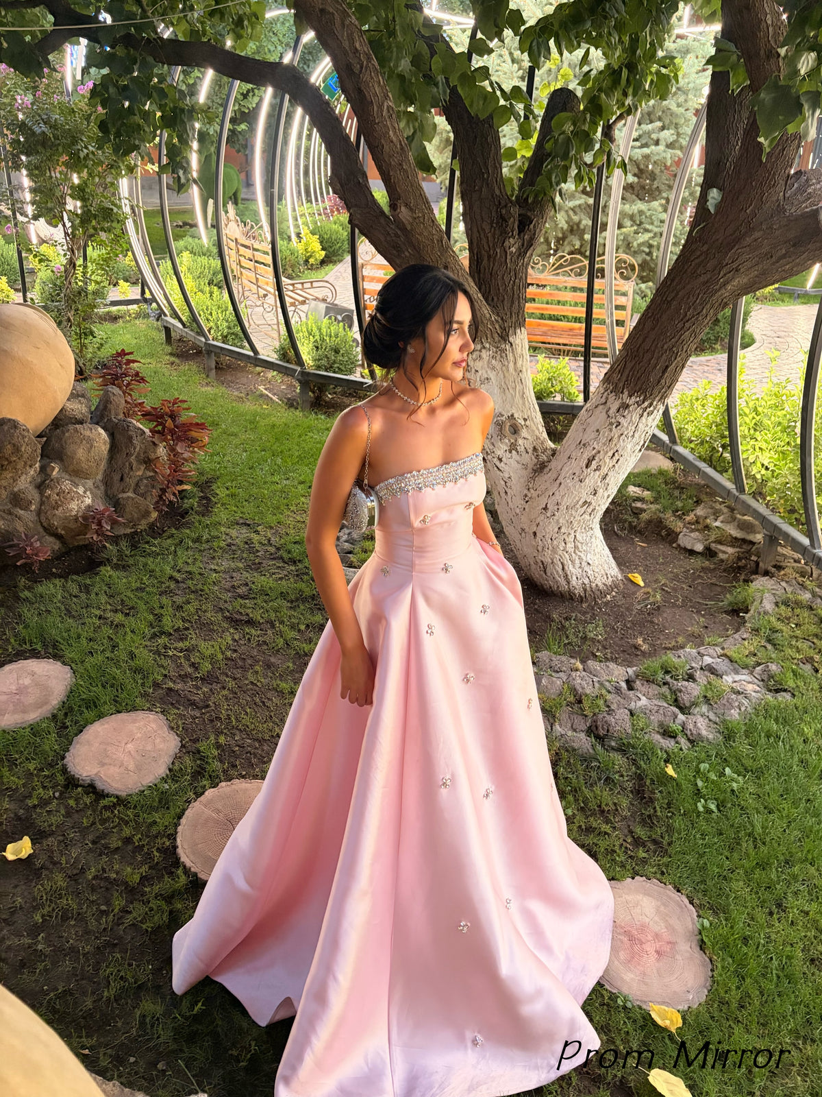 Gorgeous Pink A-Line Strapless Beaded Long Prom Dress, Evening Dresses