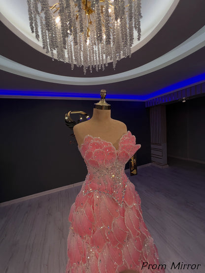 Gorgeous Pink Floral Beaded Long Prom Dress, Evening Dresses