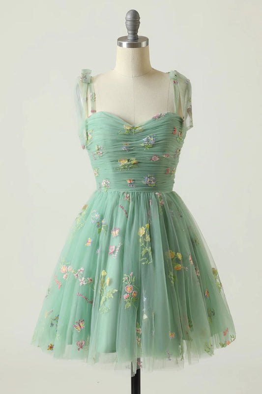 Green Short A-Line Homecoming Dress With Embroidery