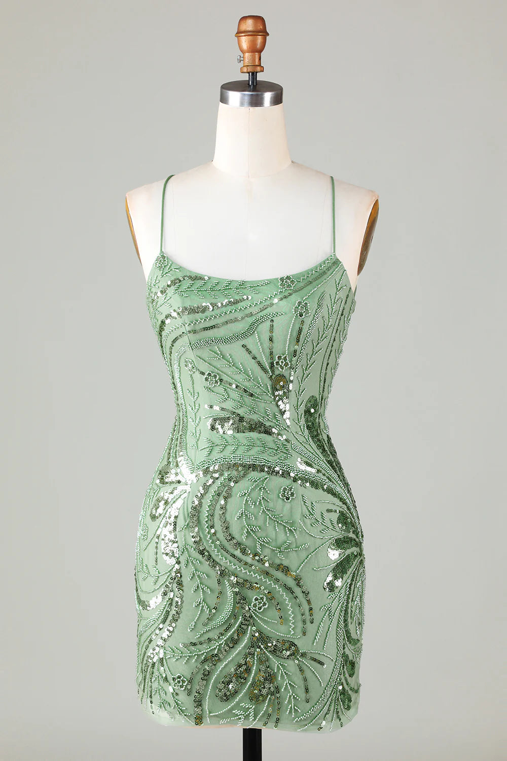 Green Spaghetti Straps Tight Glitter Homecoming Dress With Beaded