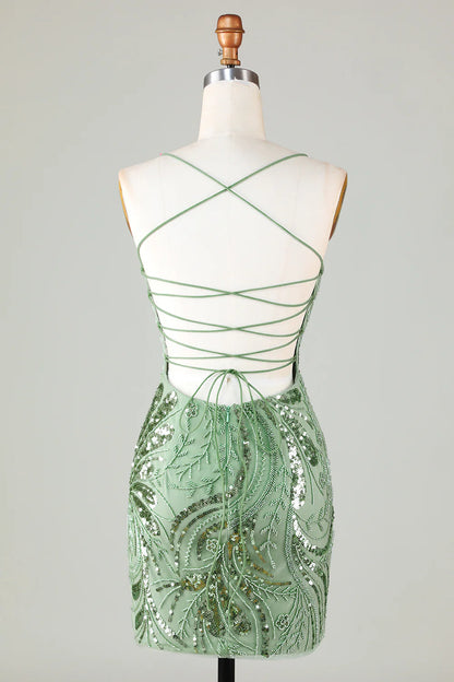 Green Spaghetti Straps Tight Glitter Homecoming Dress With Beaded