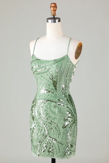 Green Spaghetti Straps Tight Glitter Homecoming Dress With Beaded