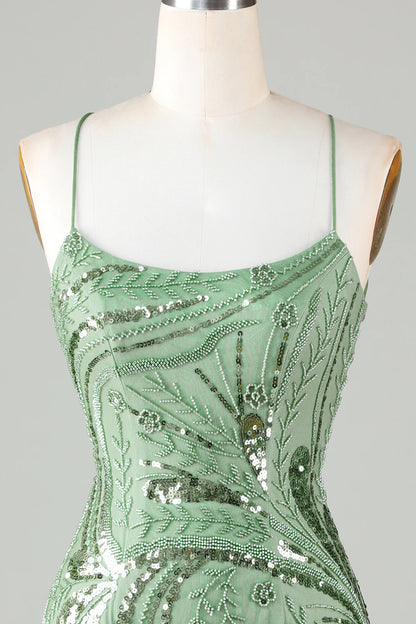 Green Spaghetti Straps Tight Glitter Homecoming Dress With Beaded