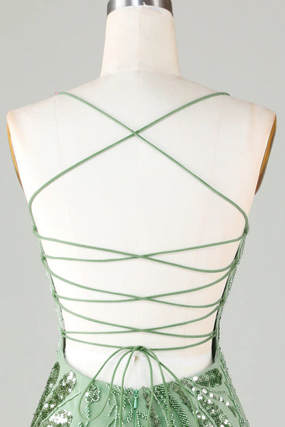 Green Spaghetti Straps Tight Glitter Homecoming Dress With Beaded