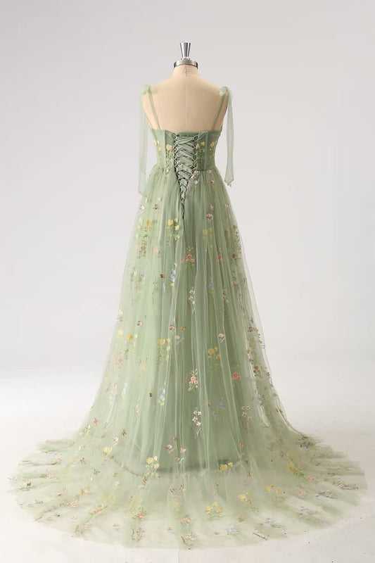 Green Floral A-line Long Formal Dress with Shoulders