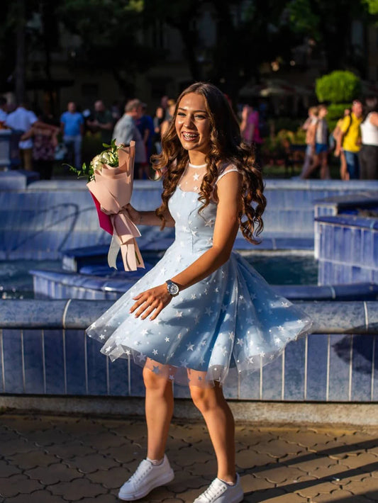 Baby Blue Starry Homecoming Dresses, A-Line Short Prom Dress