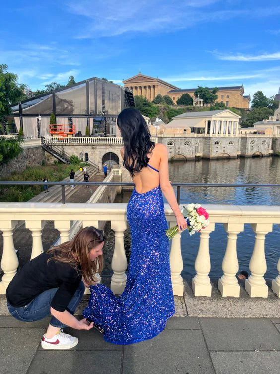 Blue V-Neck Mermaid Prom Dress