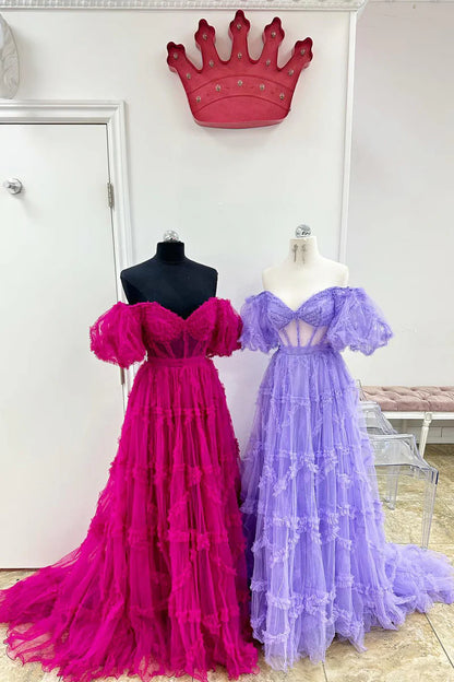 Off The Shoulder Pink Tulle Puffy A-Line Evening Prom Dress