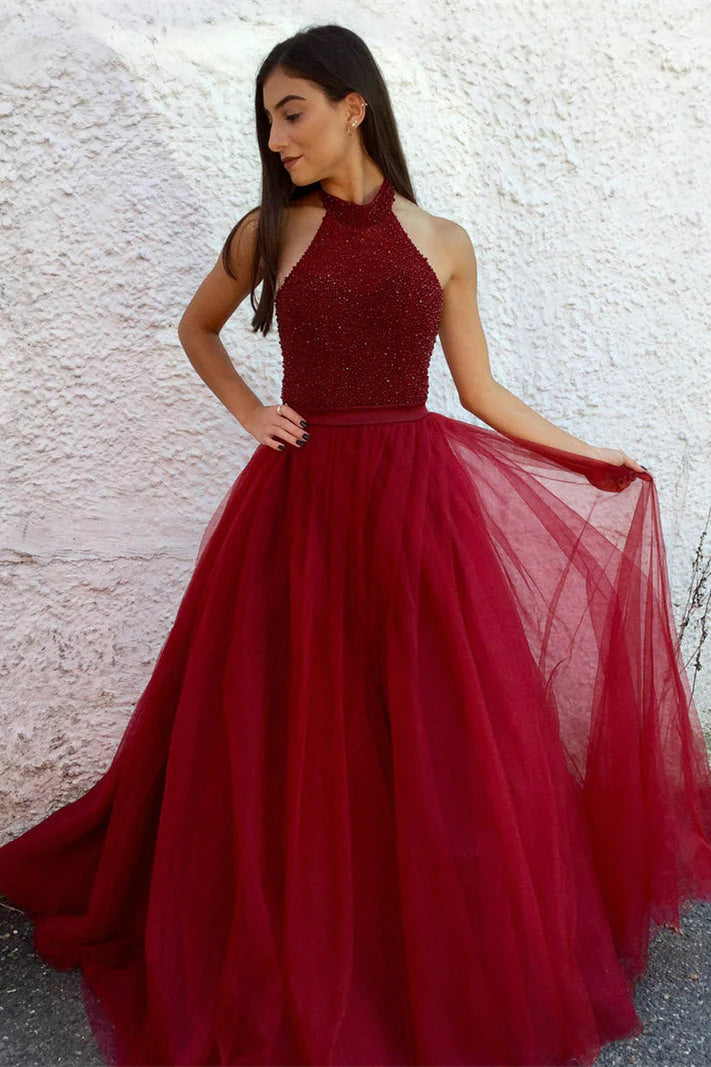 Dark Red Beaded Halter A-Line Prom Dress