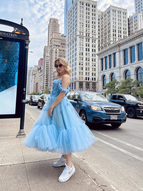 Sky Blue 3D Floral Tulle A-Line Homecoming Dresses Midi Party Dress