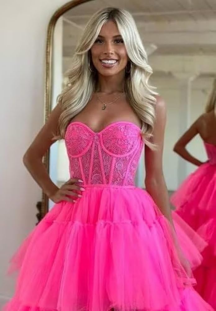 High Low Prom Dresses Hot Pink Tulle Evening Gown