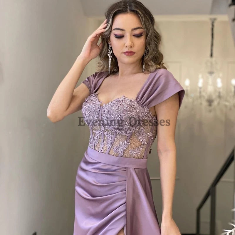 High Quality Silk Satin Long Prom Dress Lace Top Evening Gown