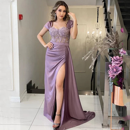 High Quality Silk Satin Long Prom Dress Lace Top Evening Gown