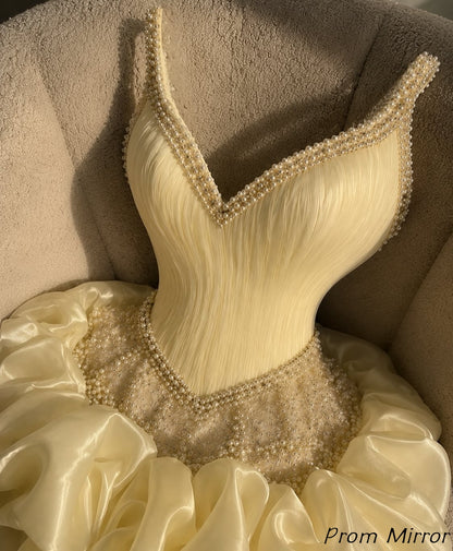 High Quality Yellow Corset Homecoming Dresses Pearl Beaded Mini Hoco Dress