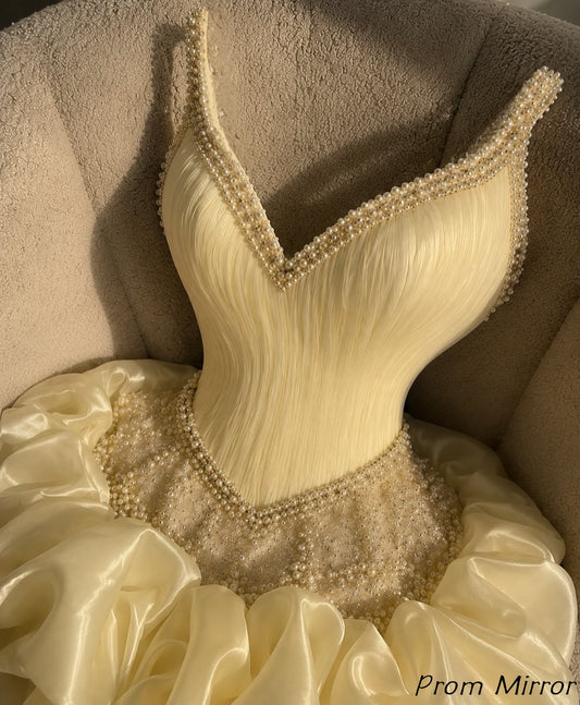 High Quality Yellow Corset Homecoming Dresses Pearl Beaded Mini Hoco Dress