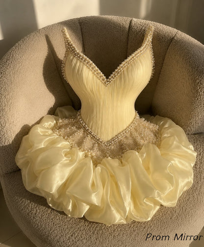 High Quality Yellow Corset Homecoming Dresses Pearl Beaded Mini Hoco Dress