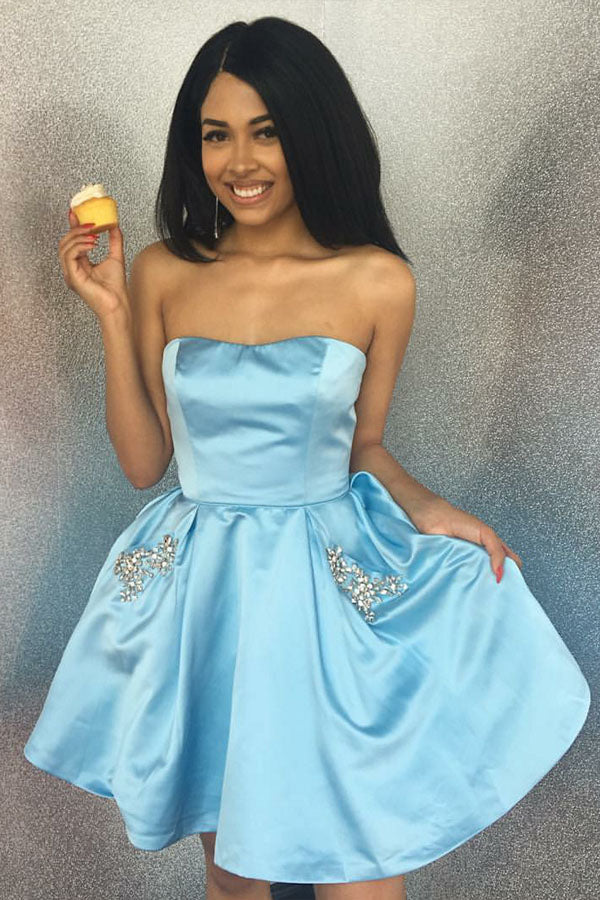 Homecoming Dress Strapless Blue Satin Short Homecoming Dresses