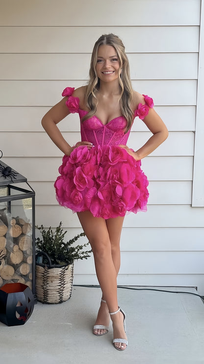 Hot Pink Flowy Homecoming Dress Off The Shoulder Rose Birthday Dress