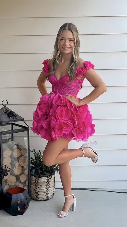 Hot Pink Flowy Homecoming Dress Off The Shoulder Rose Birthday Dress