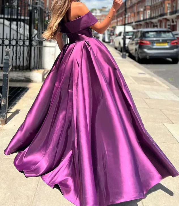 Off The Shoulder A-Line Satin Long Evening Prom Dresses – prommirror
