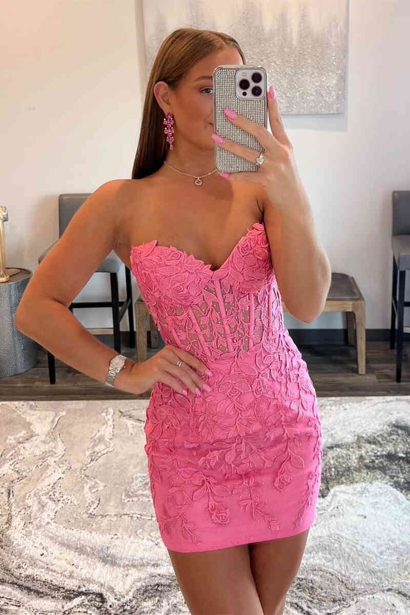 Lace Up Hot Pink Corset Appliqued Bodycon Homecoming Dress prommirror