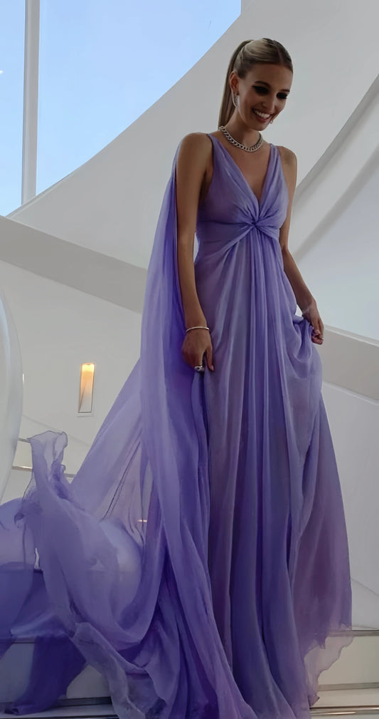 Lavender Chiffon V-Neck Prom Dresses