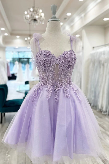 Lavender Floral Appliques Sweetheart A-Line Short Homecoming Dress