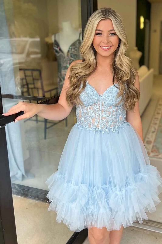 Light Blue Appliques Homecoming Dresses Tulle Sweetheart Birthday Dresses