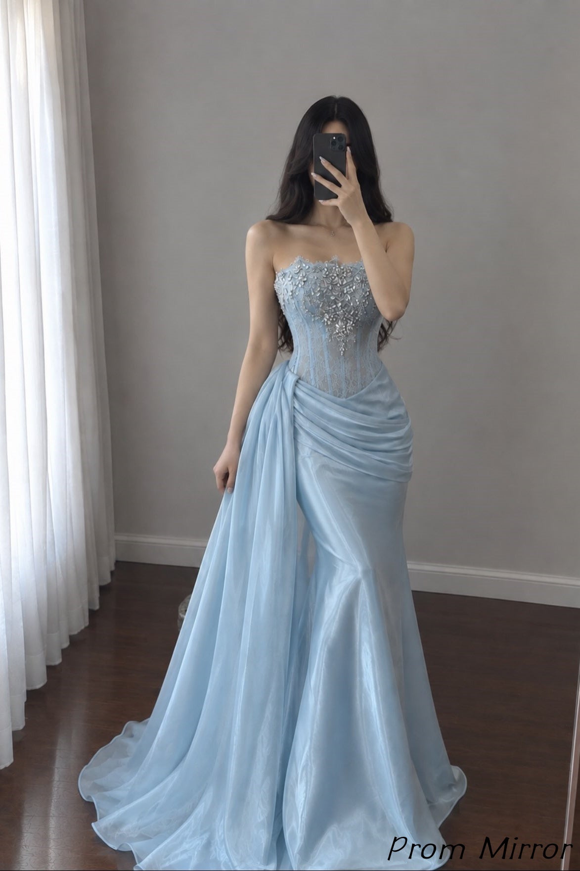 Gorgeous Light Blue Beaded Lace Organza Mermaid Prom Dresses