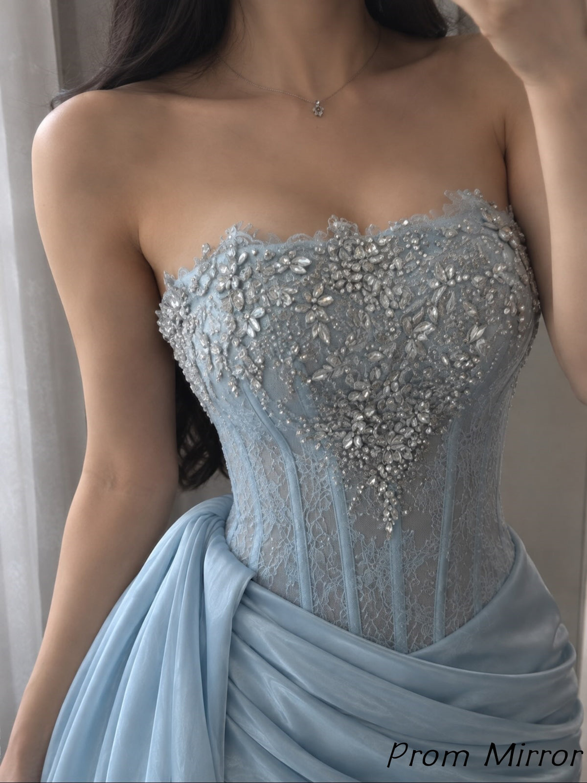 Gorgeous Light Blue Beaded Lace Organza Mermaid Prom Dresses