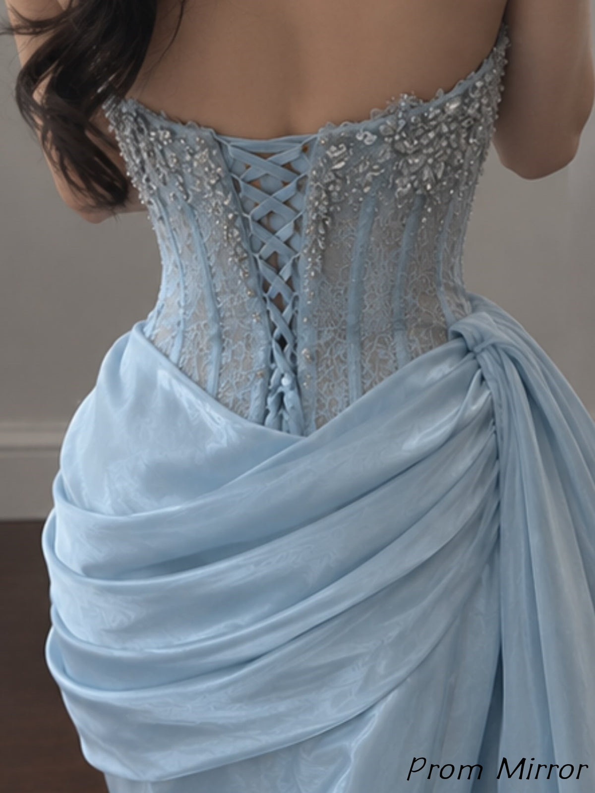 Gorgeous Light Blue Beaded Lace Organza Mermaid Prom Dresses