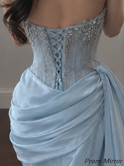 Gorgeous Light Blue Beaded Lace Organza Mermaid Prom Dresses