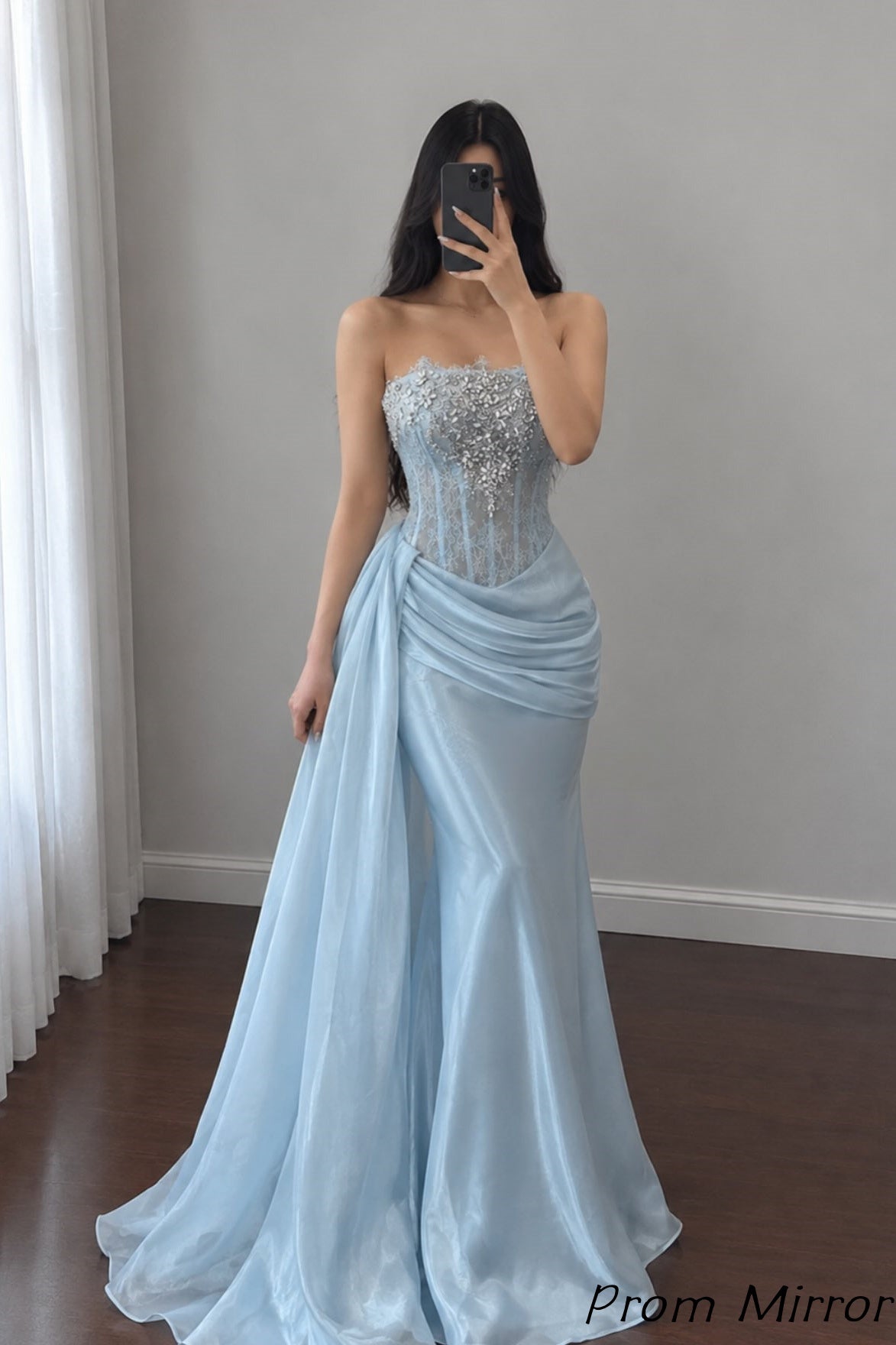 Gorgeous Light Blue Beaded Lace Organza Mermaid Prom Dresses