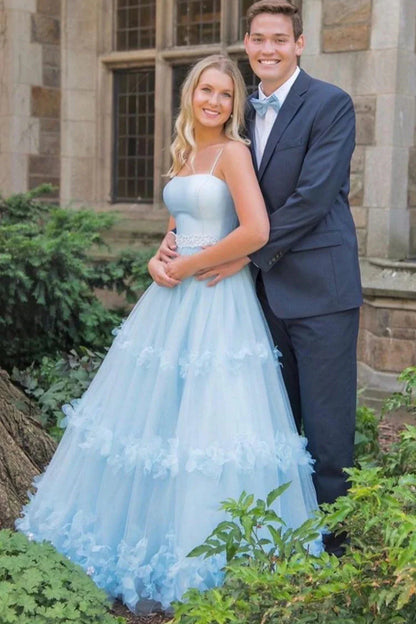 Spaghetti Straps Baby Blue Tulle A-Line Prom Evening Dress