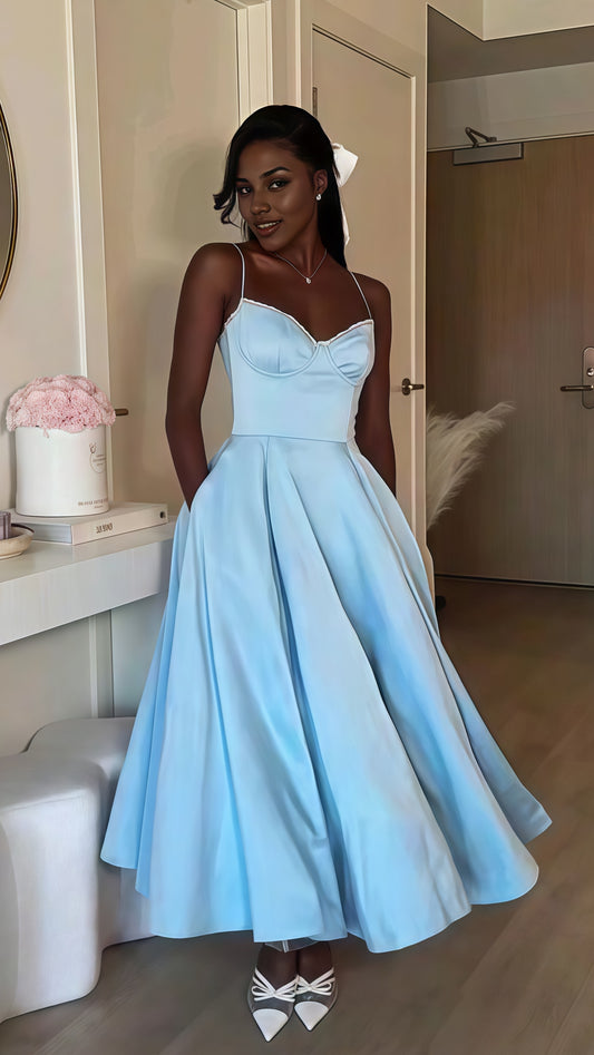 Light Blue Spaghetti Straps A-Line Midi Dress Satin Party Dresses