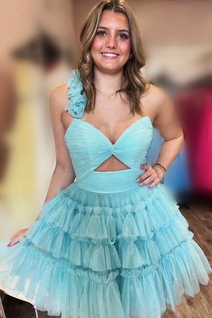 Light Blue Tulle Homecoming Dresses Ruffle Mini Party Gown