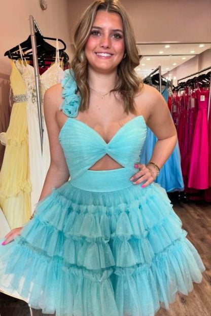 Light Blue Tulle Homecoming Dresses Ruffle Mini Party Gown