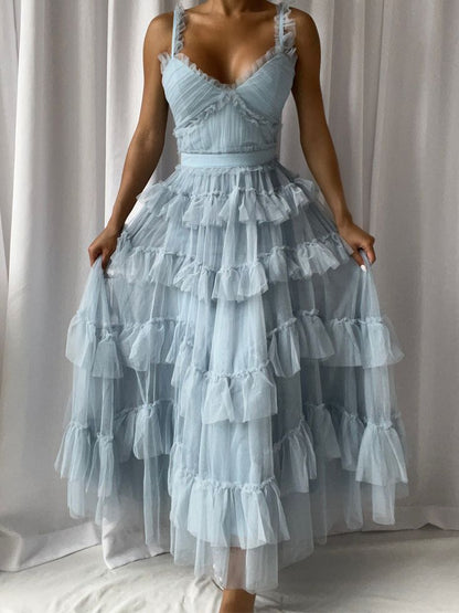 Light Blue Tulle Layers Long Prom Dress
