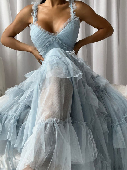 Light Blue Tulle Layers Long Prom Dress