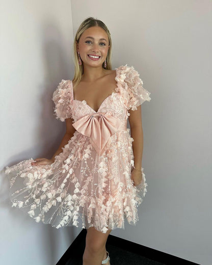 Light Pink Lace 3D Floral Homecoming Dress