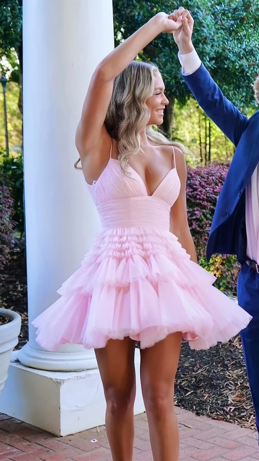 Light Pink Tulle Homecoming Dress, Spaghetti Straps Tiered Mini Party Gown