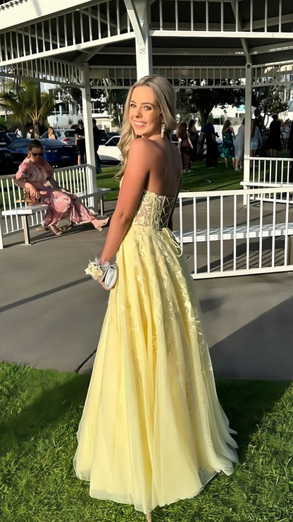 Light Yellow Applique Formal Prom Dresses For Teens