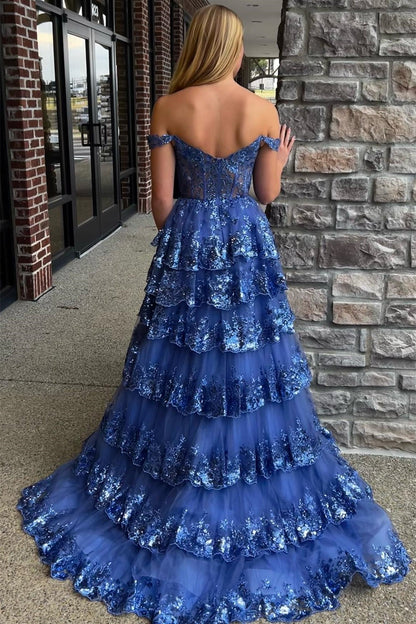 Corset Tulle Appliques Tiered Ruffle Long Prom Dress with slit