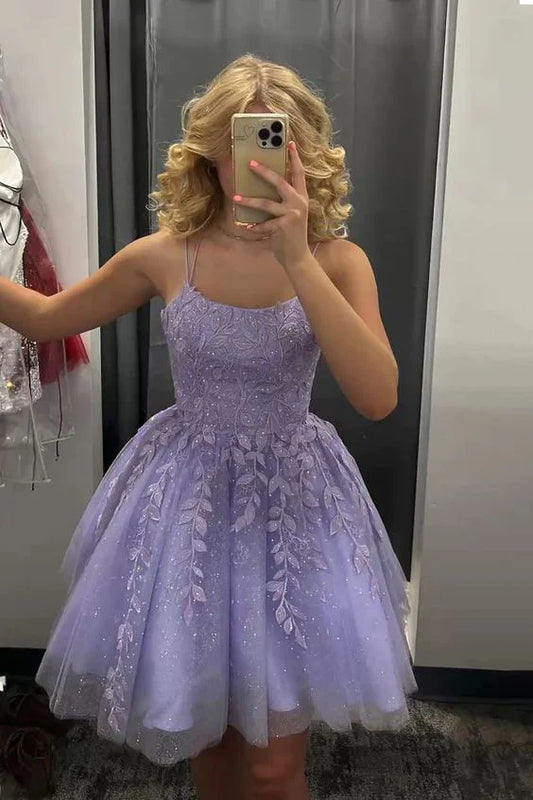 Lilac A-Line Homecoming Dress Applique Tulle Cocktail Gown