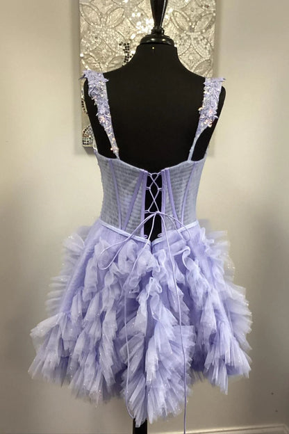 Lilac Appliques Tulle Ruffle Mini Homecoming Dresses