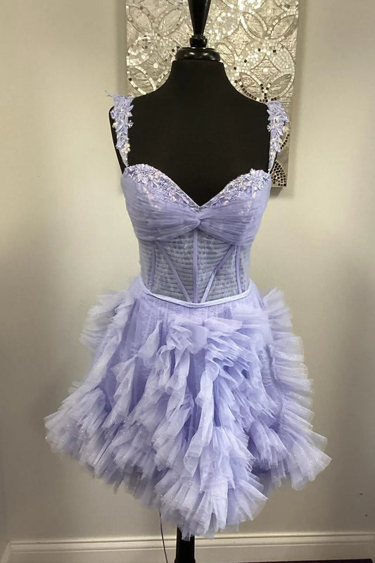 Lilac Appliques Tulle Ruffle Mini Homecoming Dresses