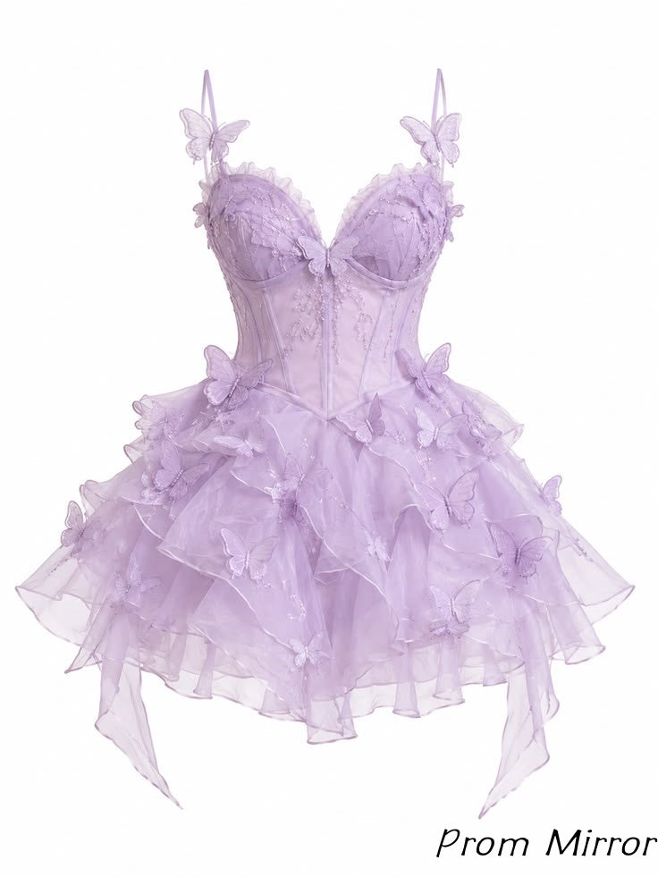 Lilac Butterflies Organza Homecoming Dresses Ruffles Mini Party Dress