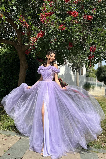 Lilac Tulle Evening Party Dresses, A-Line Flowy Prom Dresses For Teens